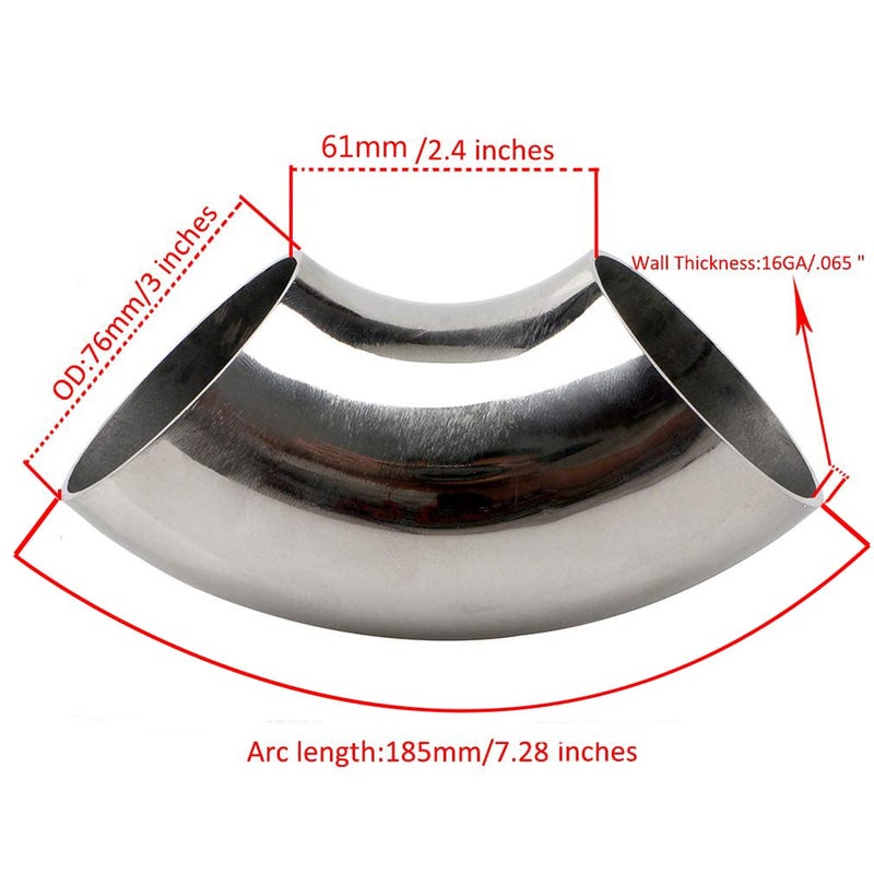 KOTVTM 3 Inch Stainless Steel Exhaust Elbow 90Â° Mandrel Bend Elbow - Thickness 16GA/.065" Wall Material SS304 Exhaust Tubing for Modified Exhaust Elbow Pipe, Stair Handrail (OD: 3") - Image 2